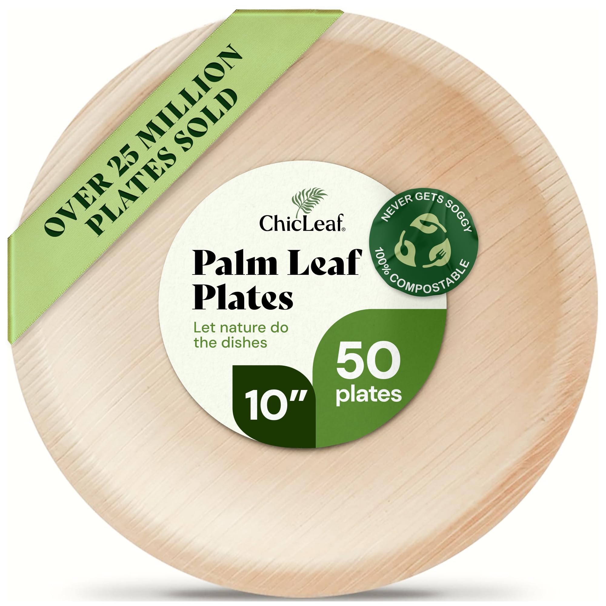 Chic Leaf Palm Leaf Plates - 10" Round - 50 Pack of 100% Compostable, Biodegradable & Disposable Bamboo Plates - Heavy Duty, Sturdy Paper Alternative for Wedding Desserts & Events