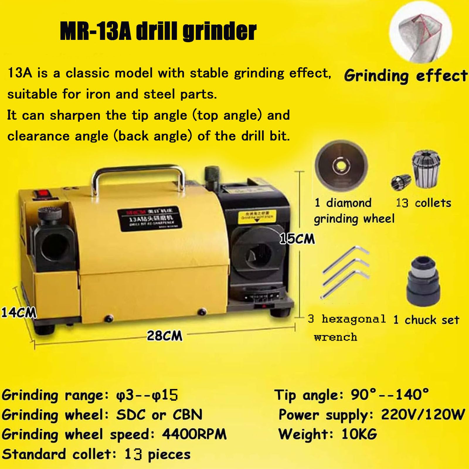 Afilador de brocas, máquina de molienda de 3 mm a 15 mm, ángulo de punto ajustable de 90° a 140°, afilado portátil con pinzas