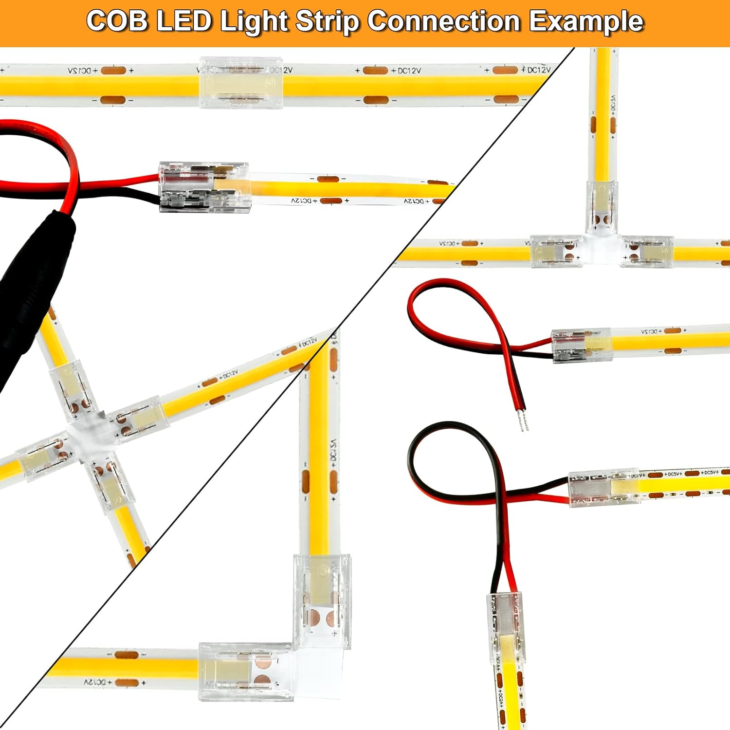 13-Pack COB LED Light Strip Connectors, 2-Pin 8mm Wide Right Angle Corner Solderless Adapter Connector Terminal Extension for COB Light Strips (12 Pack (7 Kinds of Type))