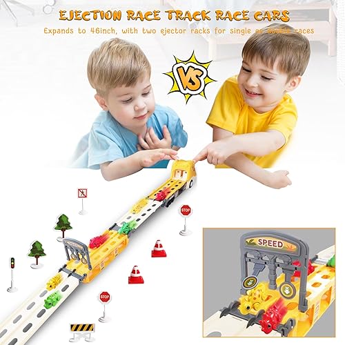 Miniatura 4 de DaoDaoZhu Camión de dinosaurio de juguete para niños de 2, 3, 4, 5, 6, 7 años, pista plegable y modo de carrera de 2 jugadores, transporte de luz y