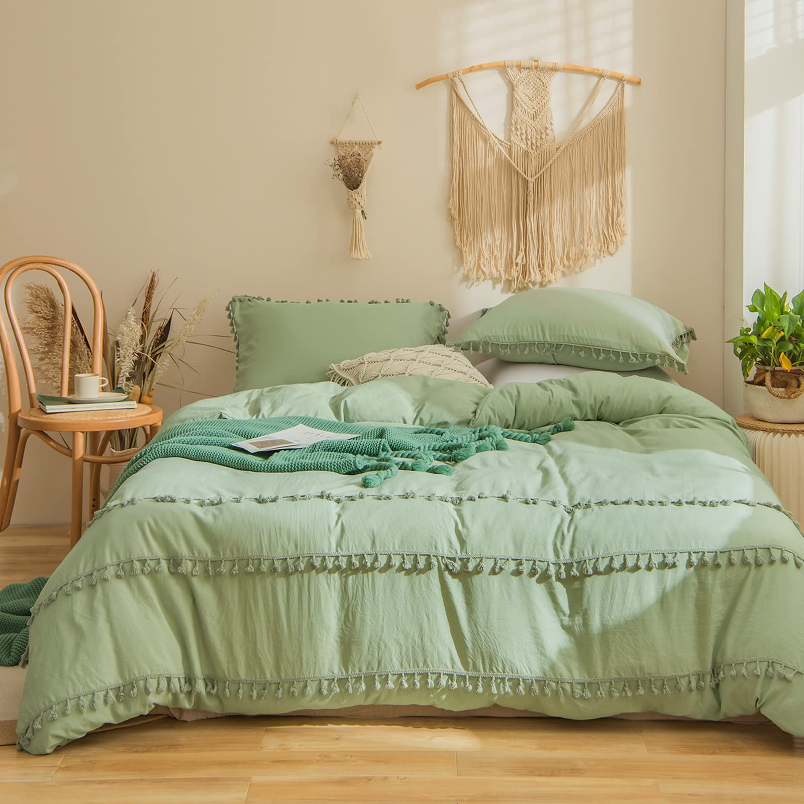 Bedbay Sage Green Duvet Cover Queen Farmhouse Boho Bedding Set Green Tassel Macrame Fringe Aesthetic Cottagecore Bedding 1 Boho Duvet Cover 2 Pillowcases(Green, Queen)