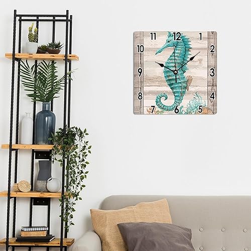 Miniatura 5 de Reloj rústico vintage de 12 x 12 pulgadas, estilo vintage, con acuarela, caballito de mar, PVC, para pared, playa, casa, verano, cocina, comedor