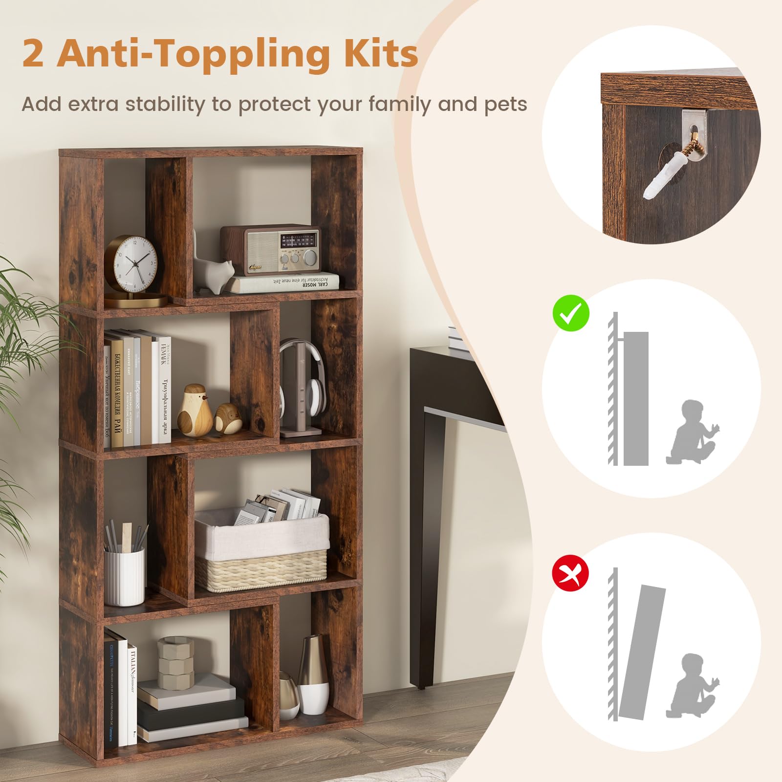 GIANTEX Libreria mobile portaoggetti a 8 cubi, mensola portaoggetti camera da letto con kit antiribaltamento, libreria in legno per soggiorno, ufficio, 60 x 20 x 120 cm (marrone)