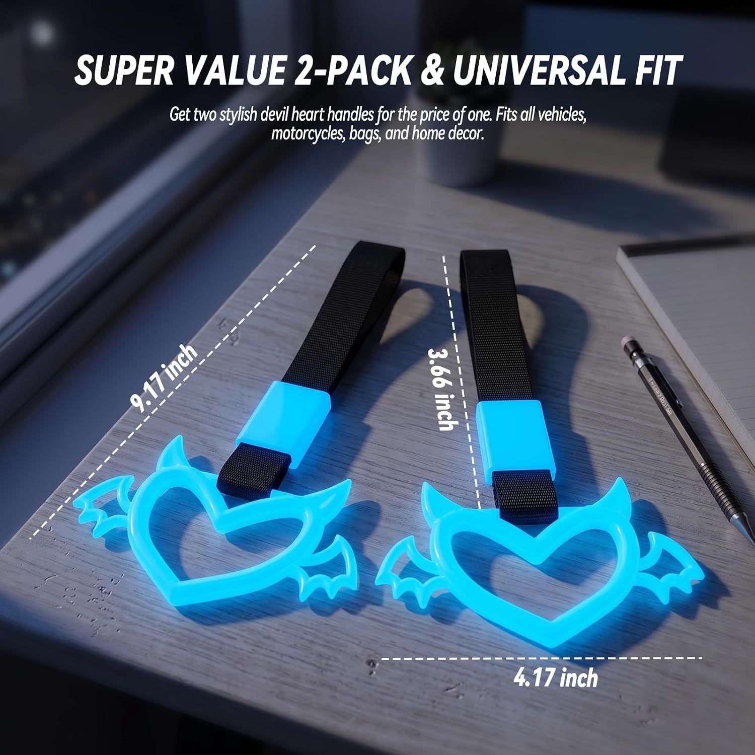 2 Pcs Devil Heart Shaped with Wing Tail Car Handle Strap – JD M Drift Charm Rear Bumper Warning Ring Decor for Car Interior Exterior, Bus Handle Accessories, Cute Car Decor (Luminous Blue-Wing) image 2