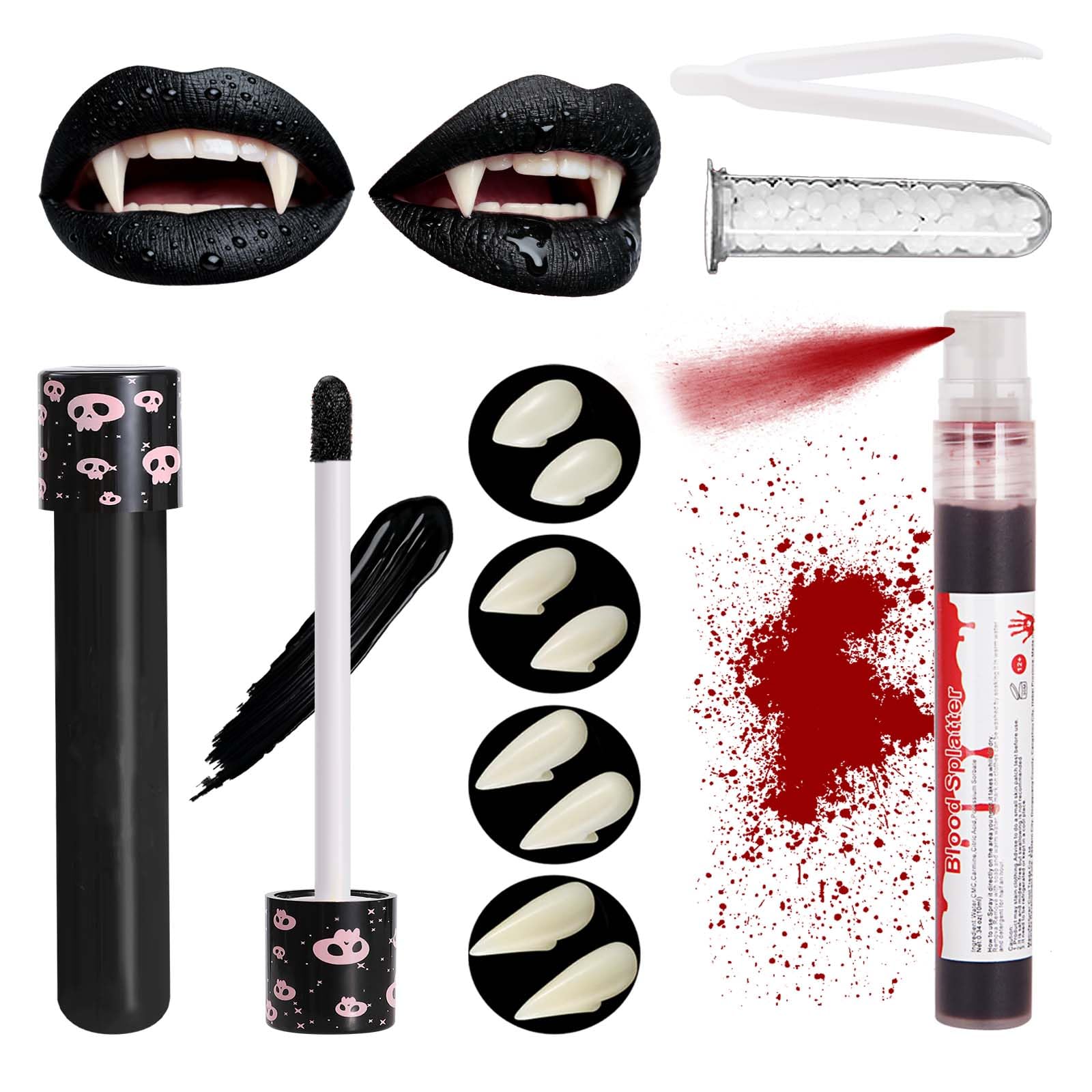 Mysense Fake Blood Spray and Vampire Fangs Teeth Set, 4 Pairs 4 Sizes Fangs with Solid Adhesive, 1 Matte Black Liquid Lipstick, Halloween Holiday Events Cosplay Makeup Accessories