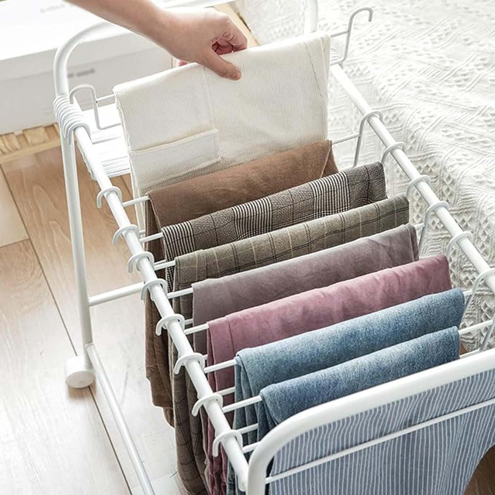 Perchero telescópico de pie para Pantalones con 30 Perchas giratorias: Organizador Multifuncional para Pantalones, solución de Almacenamiento Blanca Que Ahorra Espacio.
