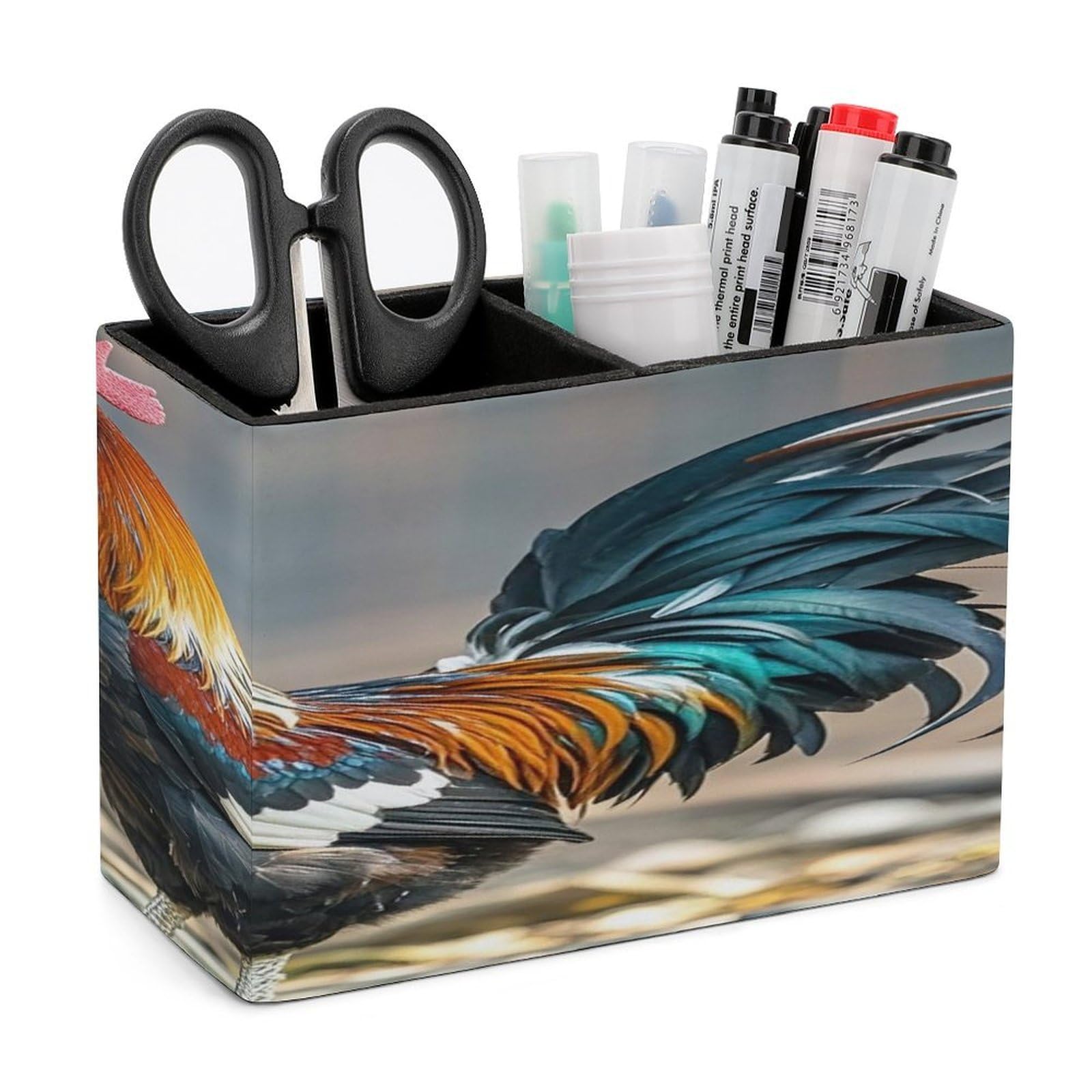 LZQPOEAS Old Rooster Illustration Leather Pen Holder with 2 Compartments Luxury Pencil Holder Minimalist Pencil Cup Brush Scissor Holders Elegant Pen Cup for Office Home Desk Accessories