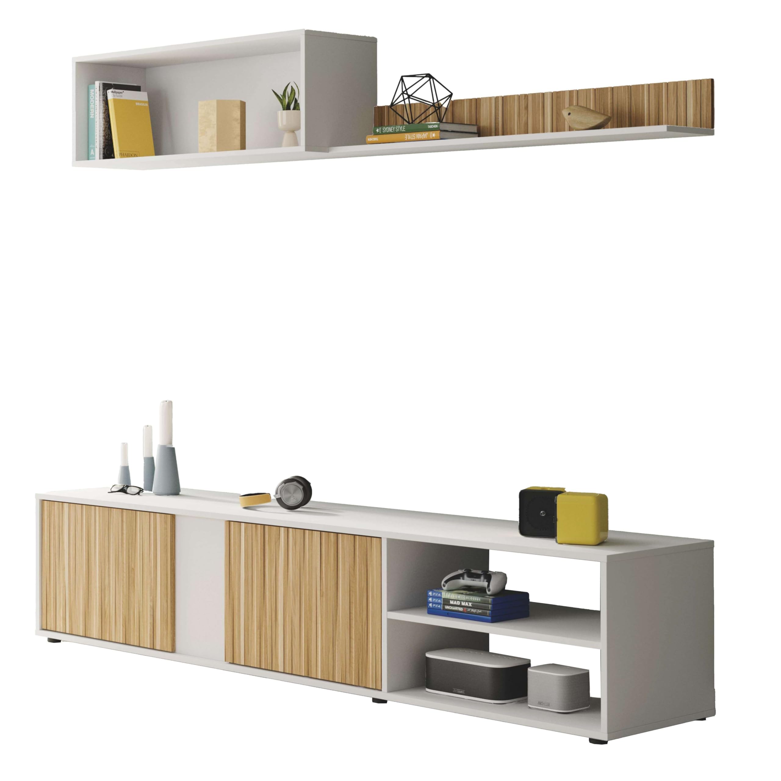 Habitdesign Salón TV Reversible, Mueble televisión, Modelo Ecco, Acabado Blanco Artik y Natur, Medidas: 40 cm (Alto) x 180 cm (Ancho) x 33 cm (Fondo)