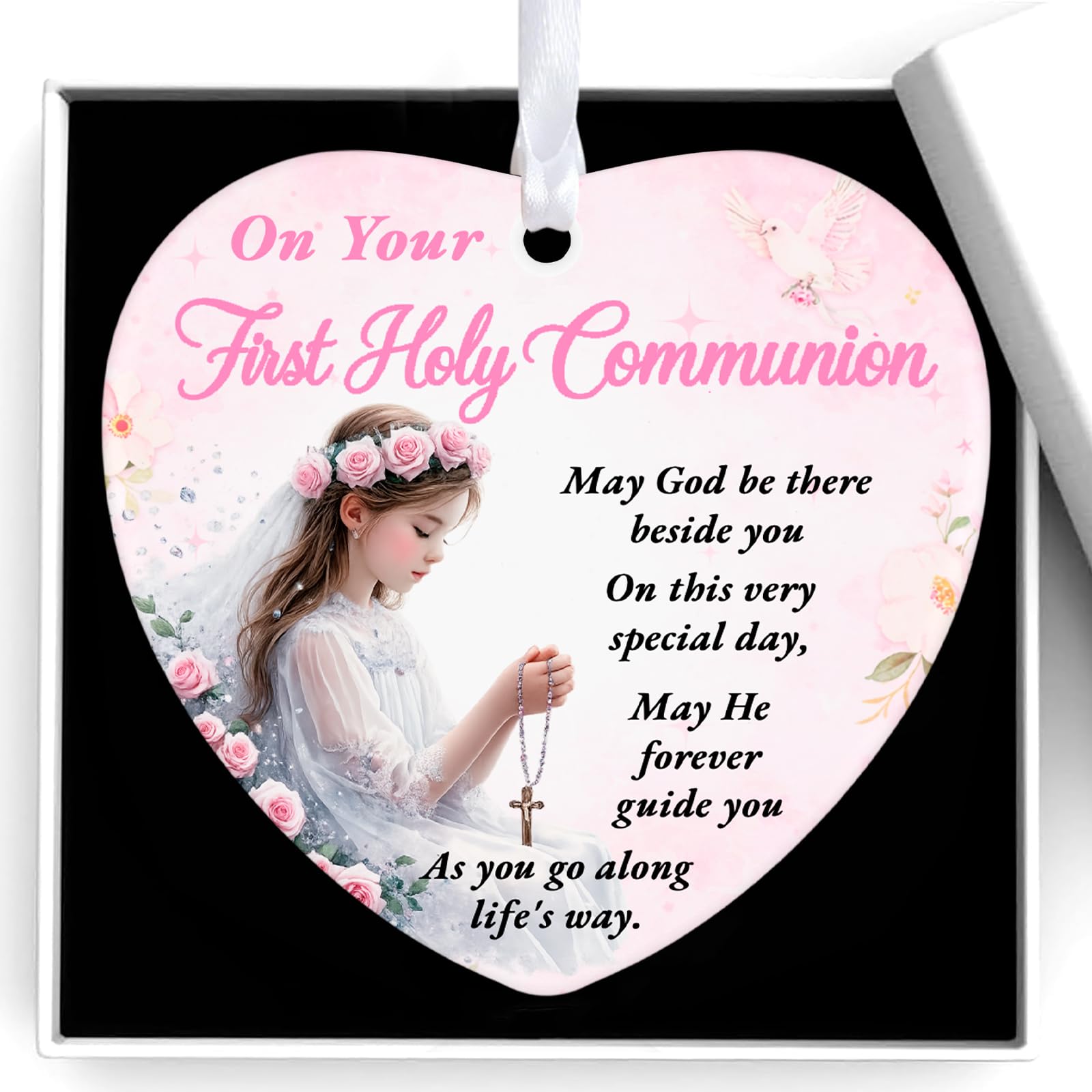Muiltvoe Heart Ceramic First Holy Communion Ornament, First Holy Communion Gifts for Girls with Card Ribbon Gift Box, Holy Communion Gifts for Girls, First Communion Gift for Daughter or Goddaughter