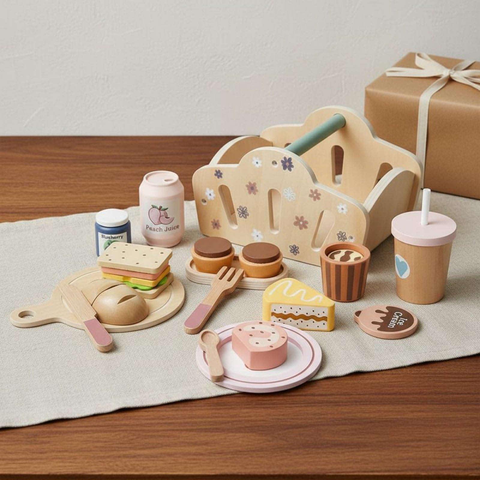 Juego de Picnic Infantil Cocina de Juguete Canasta Madera Pan Set Simulación Rebanable y Sándwich Apilable Aprendizaje Social y Motricidad Fina Adecuado para Juego en Viajes