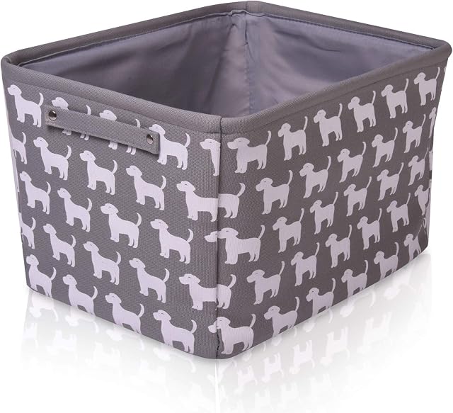 Grey Dog Canvas Storage Basket Rectangle Fabric Basket with White Dogs  Perfect for Household Storage, Fabrics or Toys. Size: 40cms x 30cms x 25cms