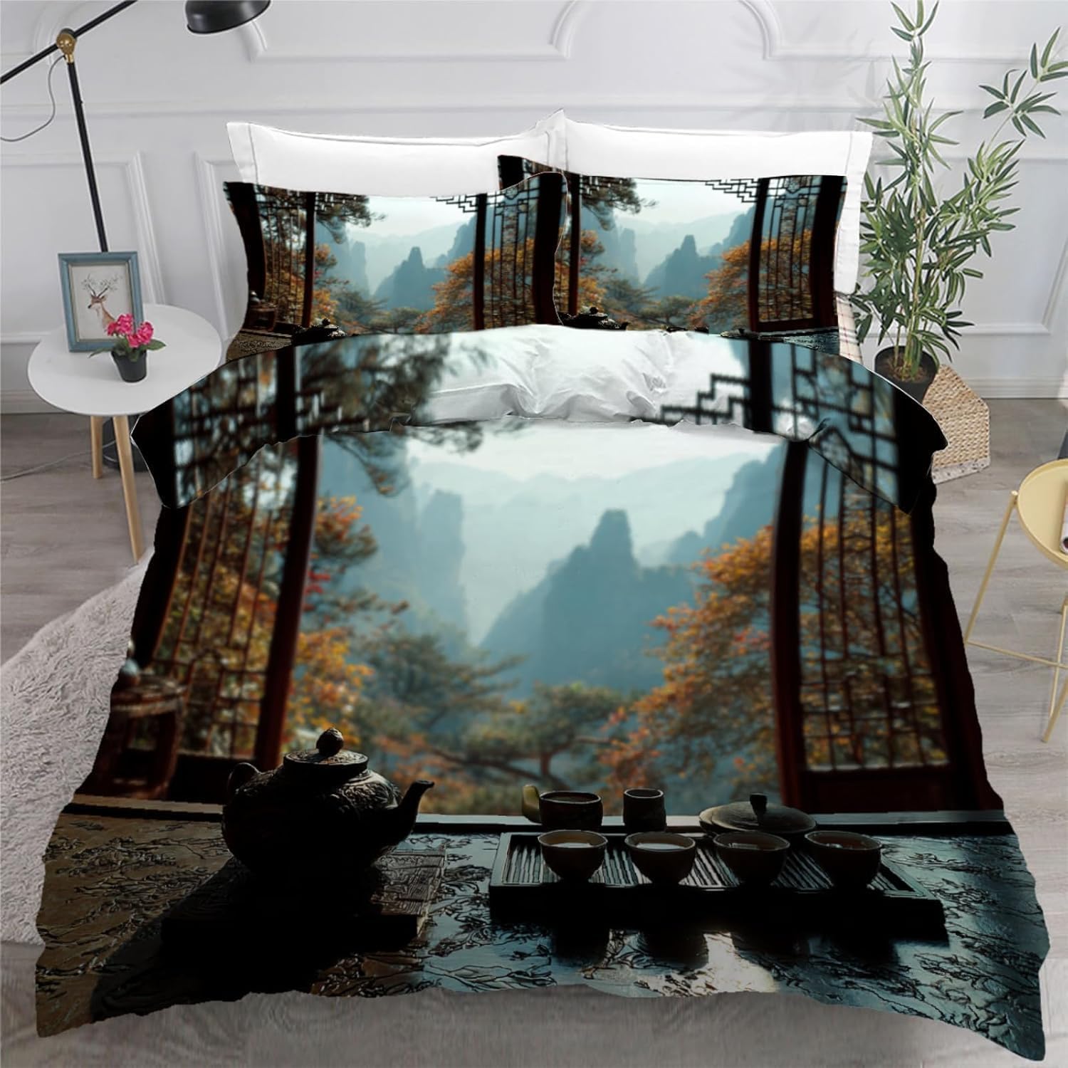 Chiński styl sceneria zestaw poszewek na kołdrę w rozmiarze king size dwustronna poszewka na kołdrę 220 x 230 cm zestaw pościeli z herbatą ultramiękkie poszewki na kołdrę 3D wygodne łatwe w