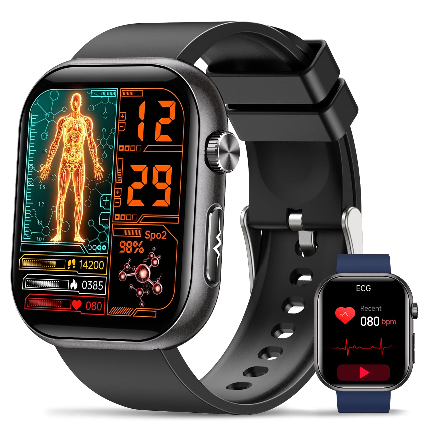 Reloj Inteligente Salud Hombre con ECG/HRV/IMC, 1.96" AMOLED Pantalla Negro | Presión Arterial, 24H Frecuencia Cardíaca, SpO2, Sueño, 140+ Deportes en Interior y Exterior, Temperatura, Android iOS