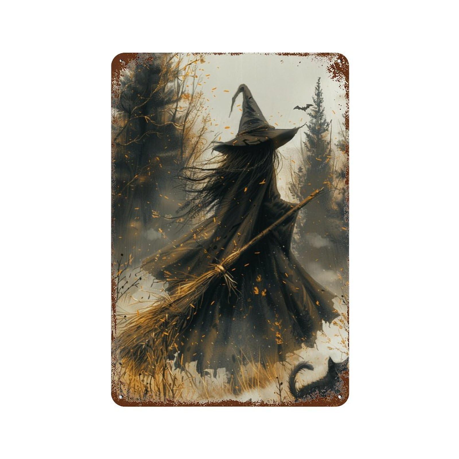 Halloween Witch with Black Cat Rustic Tin Plaque 11.8"x7.9", Vintage Wall Decor for Garage, Pub Or Kitchen