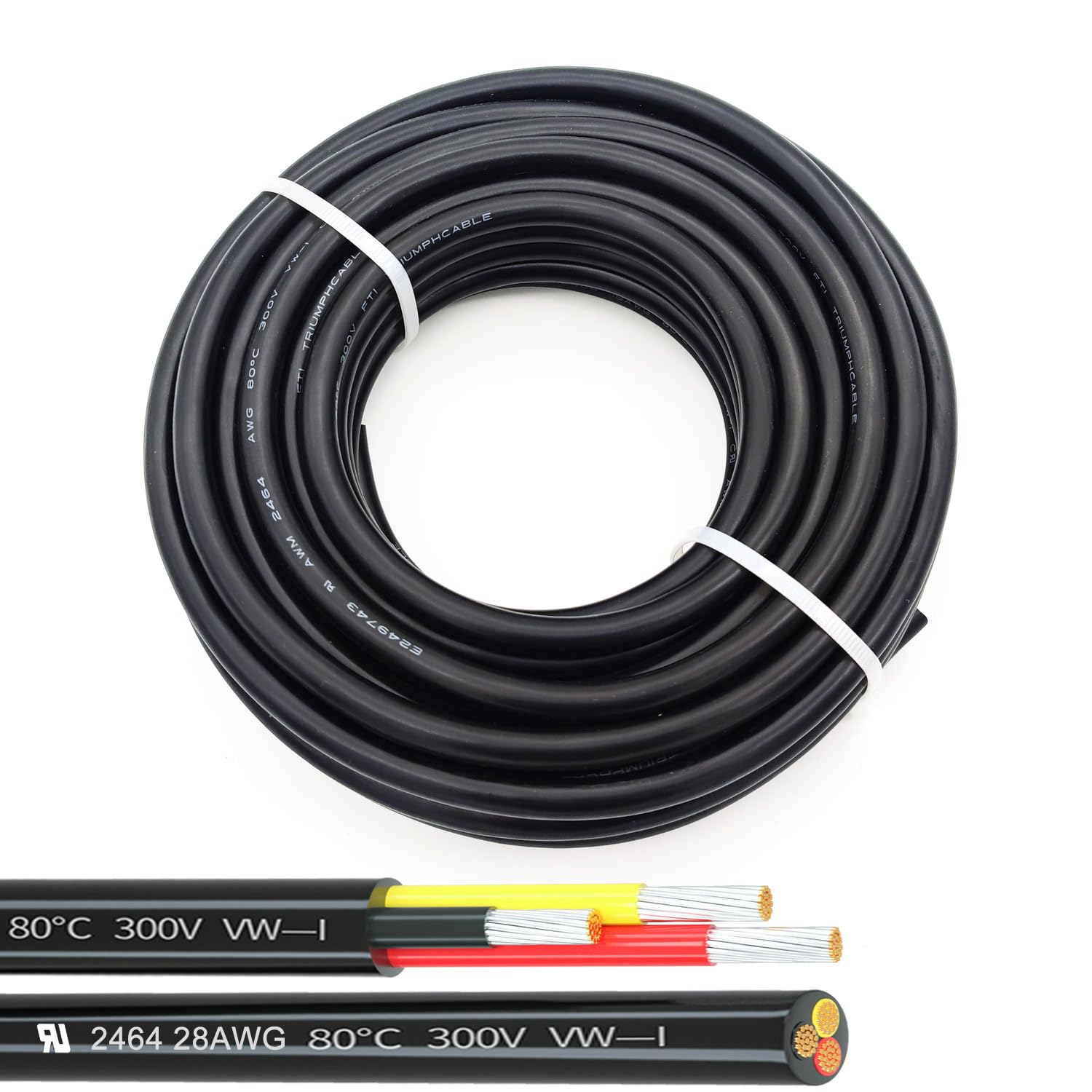 28AWG UL2464 Power Cable Stranded Electrical Wire LED Red & Black & Yellow 3 Conductors 25ft tinned Copper