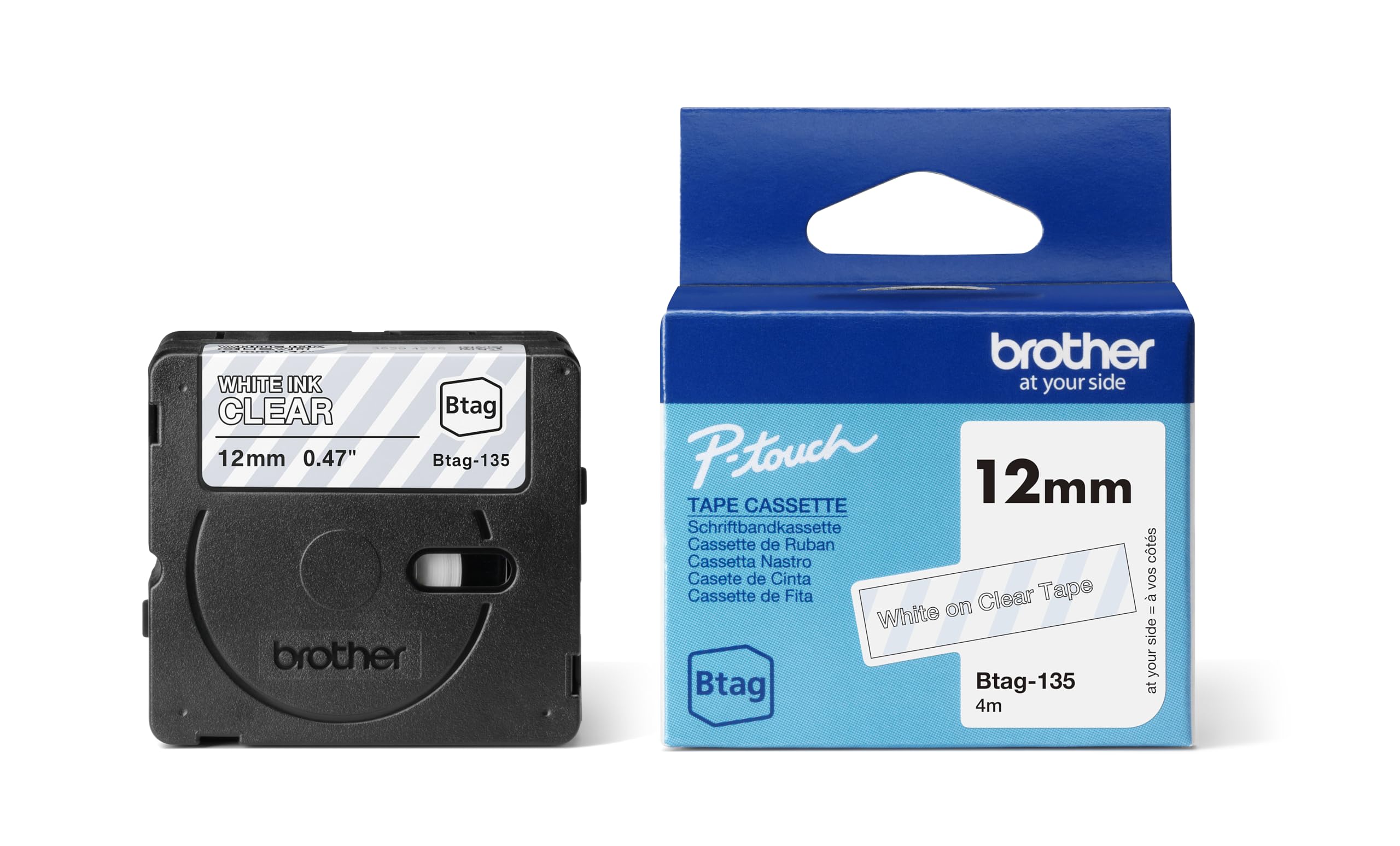 Brother Original Btag-135 Label Tape 12 mm Wide 4 m Long White/Transparent