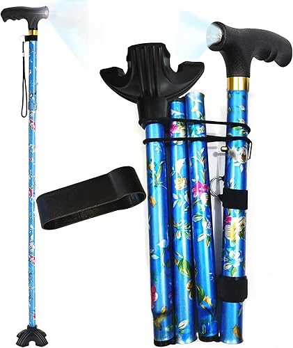 Bastón plegable con luz LED para mujeres y hombres mayores ajustable plegable cuádruple bastones de aluminio ligeros y plegables