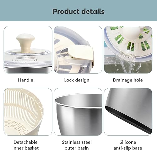 Miniatura 5 de Escurridor de ensalada de acero inoxidable, secadora manual de lechuga con tapa, lavabo, marco de drenaje y base antideslizante, centrifugador de