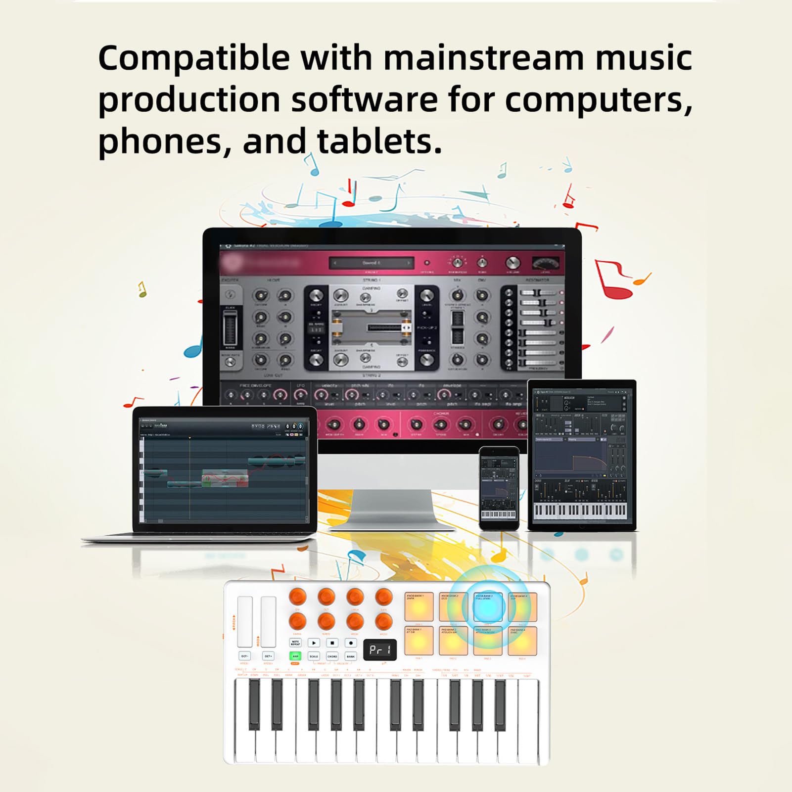 Asixxsix Tastiera controller, mini tastiera MIDI professionale a 25 tasti con 2 opzioni di connettività e 8 pad per batteria retroilluminati (WHITE)