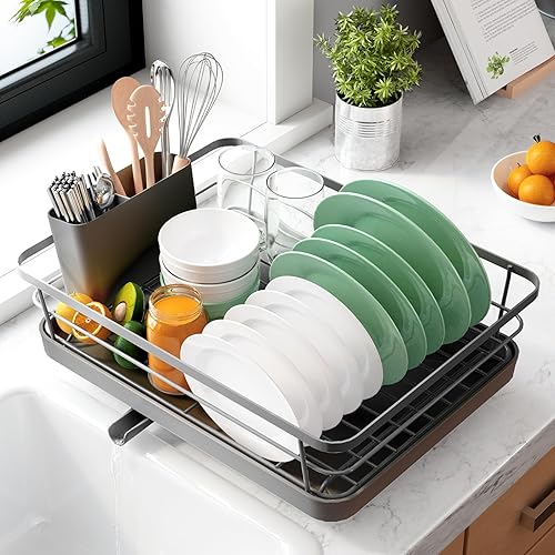 Miniatura 64 de Kitsure Escurridor de platos para encimera de cocina, artículos esenciales de organización y almacenamiento de fregadero de acero inoxidable con Gris