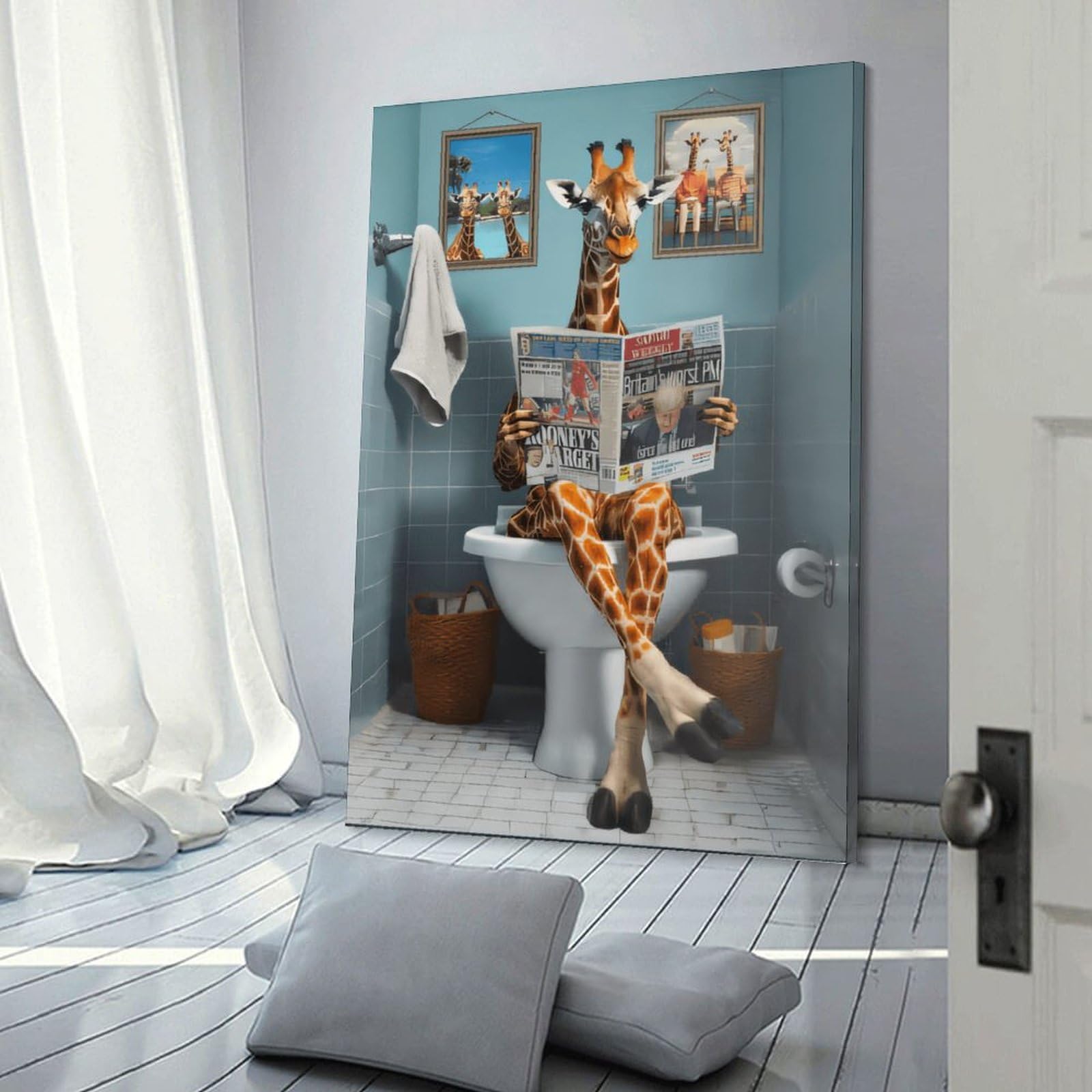 Junmoney Frame-Style-22 Hanging Wall Art Giraffe Reading Newspaper In Bathroom, 16X24inch(40X60cm), For Entryway, Lounge Links Or Small Walls, A Neat Decor Update For Hallways