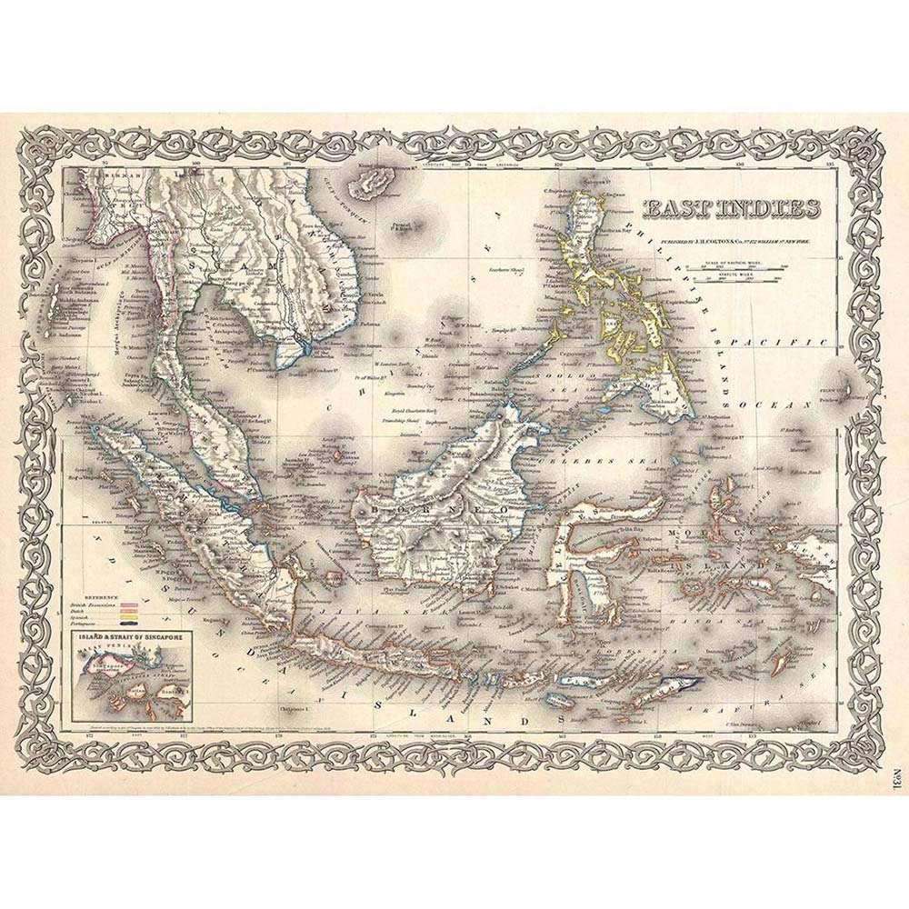 Wee Blue Coo 1855 Colton Map The East Dies Singapore Thailand Borneo Art Print Poster Wall Decor 12X16 Inch
