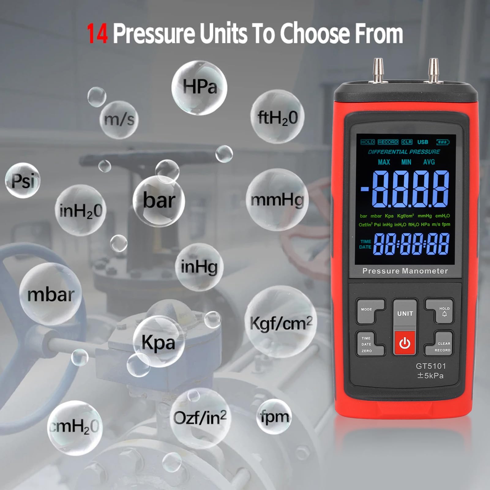 Fyearfly Medidor de Presión Diferencial ±5kPa, Pantalla LCD Retroiluminada Manómetro de Presión Digital de 2 Puertos Medidor de Presión de Gas, para Laboratorio, Sopladores, Salas Blancas