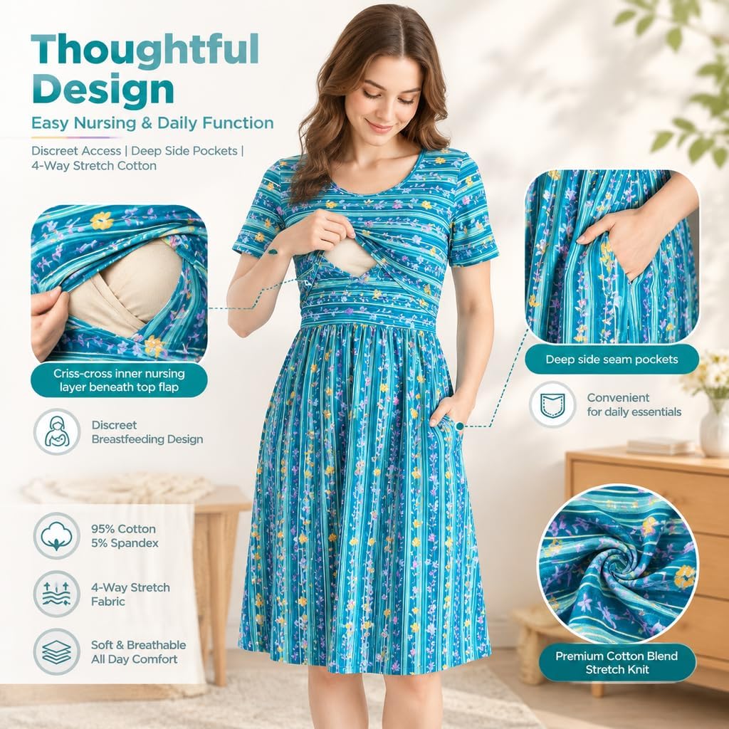 Women's Nursing Dresses Breastfeeding Cotton Mini Breastfeeding Dress with Pockets