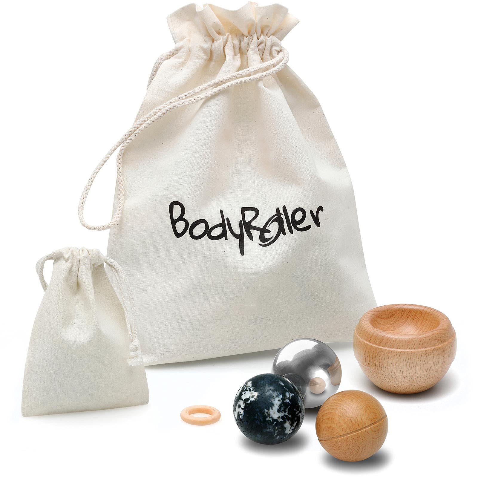 Kernpower BodyRoller Massageroller elements lackiert, Natursteinkugel, Edelstahlkugel und Holzkugel, aus Rotbuchenholz im Jutebeutel