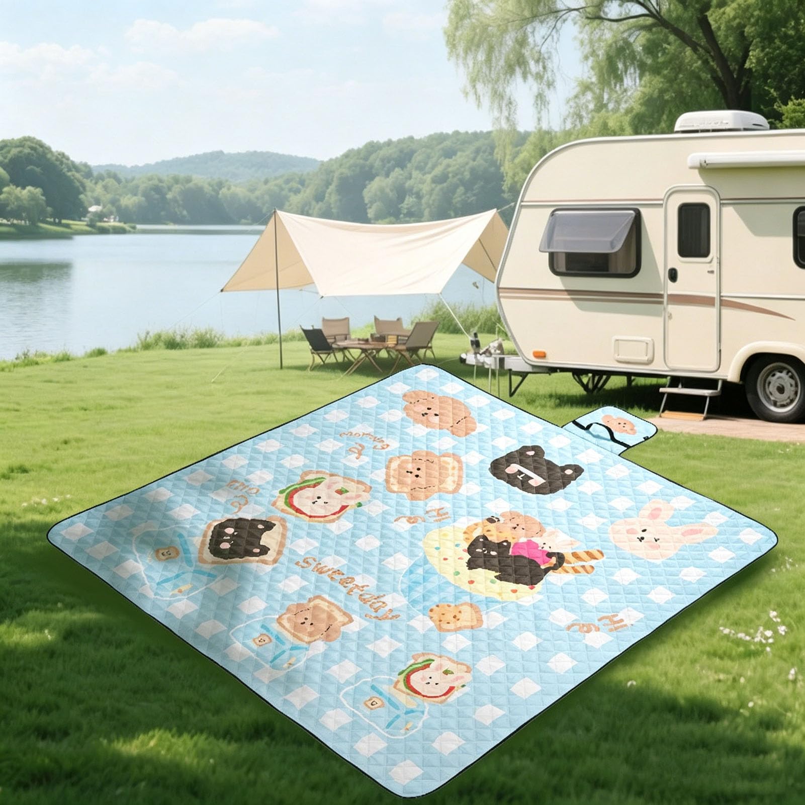 Telo da Picnic Portatile Impermeabile, Tappeto Spiaggia Antisabbia con Maniglia, Pieghevole e Lavabile, per Campeggio, Spiaggia, Escursionismo, Riutilizzabile,Blu,200×200cm