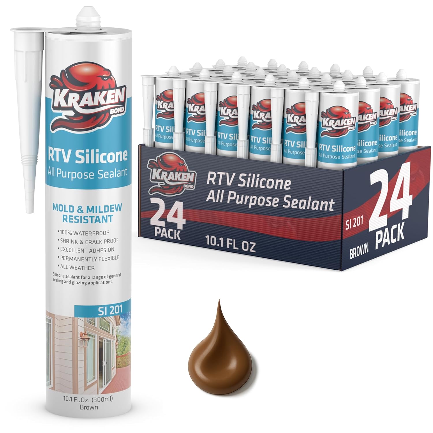 Kraken Bond Brown Silicone Sealant Waterproof% 100-10 fl oz Cartridge - RTV Silicone Caulk Kitchen and Bathroom, All Purpose, Window Caulking Sealant Outdoor, RV, Exterior Use Silicon - 24 Pack