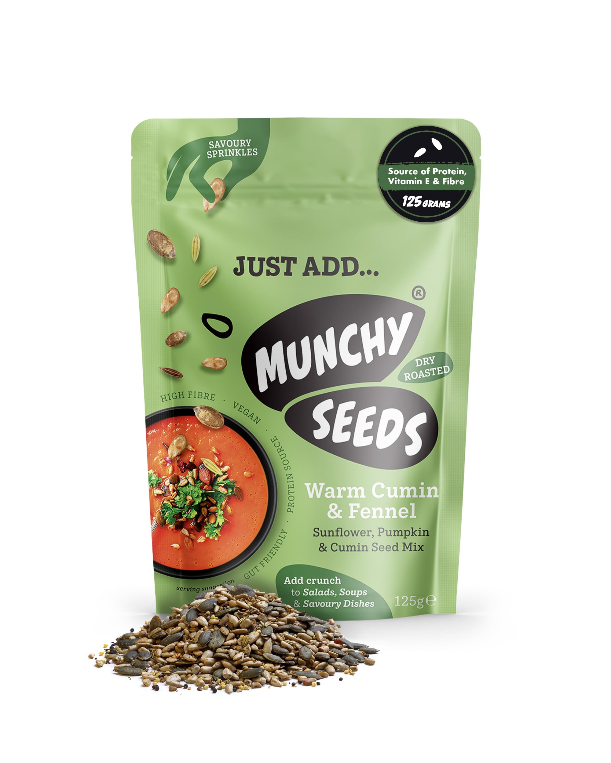 Munchy Seeds Snack Warm Cumin and Fennel Sunflower & Pumpkin Mix, Sprinkle on Salads, Soups & Savoury Dishes, Vegan, Source of Protein, Fibre & Vitamin E, 125 g