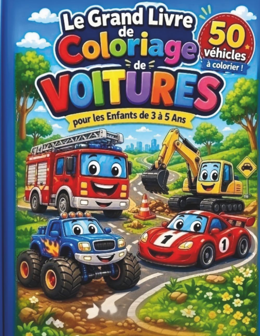 Le grand livre de coloriage de voitures pour enfants de 3 à 5 ans: 50 véhicules à colorier | Voitures, camions, excavatrices, pompiers et monster ... et certificat (Colorie avec Fantaisie)