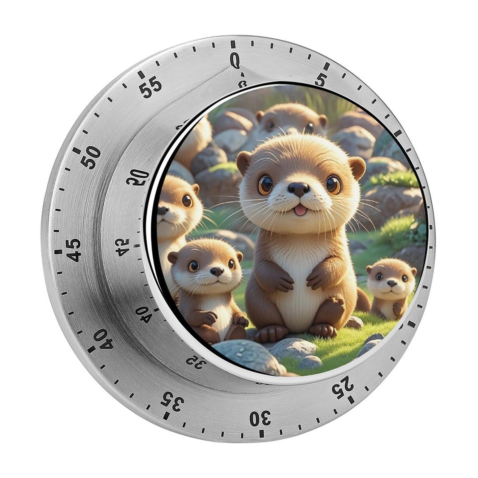 Cartoon Brown Otters Timer Fashion Visual Timers Wind Up 60 Minutes Desk Timers Stainless Steel Magnetic Timer Countdown Clock No Batteries Loud Alarm for Kitchen Chef Cooking