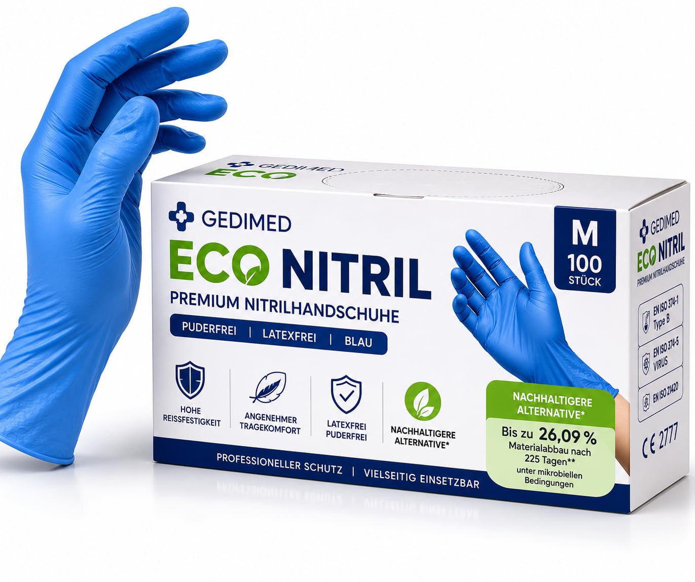 GEDIMED ECO Nitrilhandschuhe Blau 100 Stück – Biologisch abbaubare Nitrilhandschuhe, puderfrei & latexfrei, reißfest, Einweghandschuhe für Hygiene, Gastronomie, Kosmetik & Reinigung (1000, S)