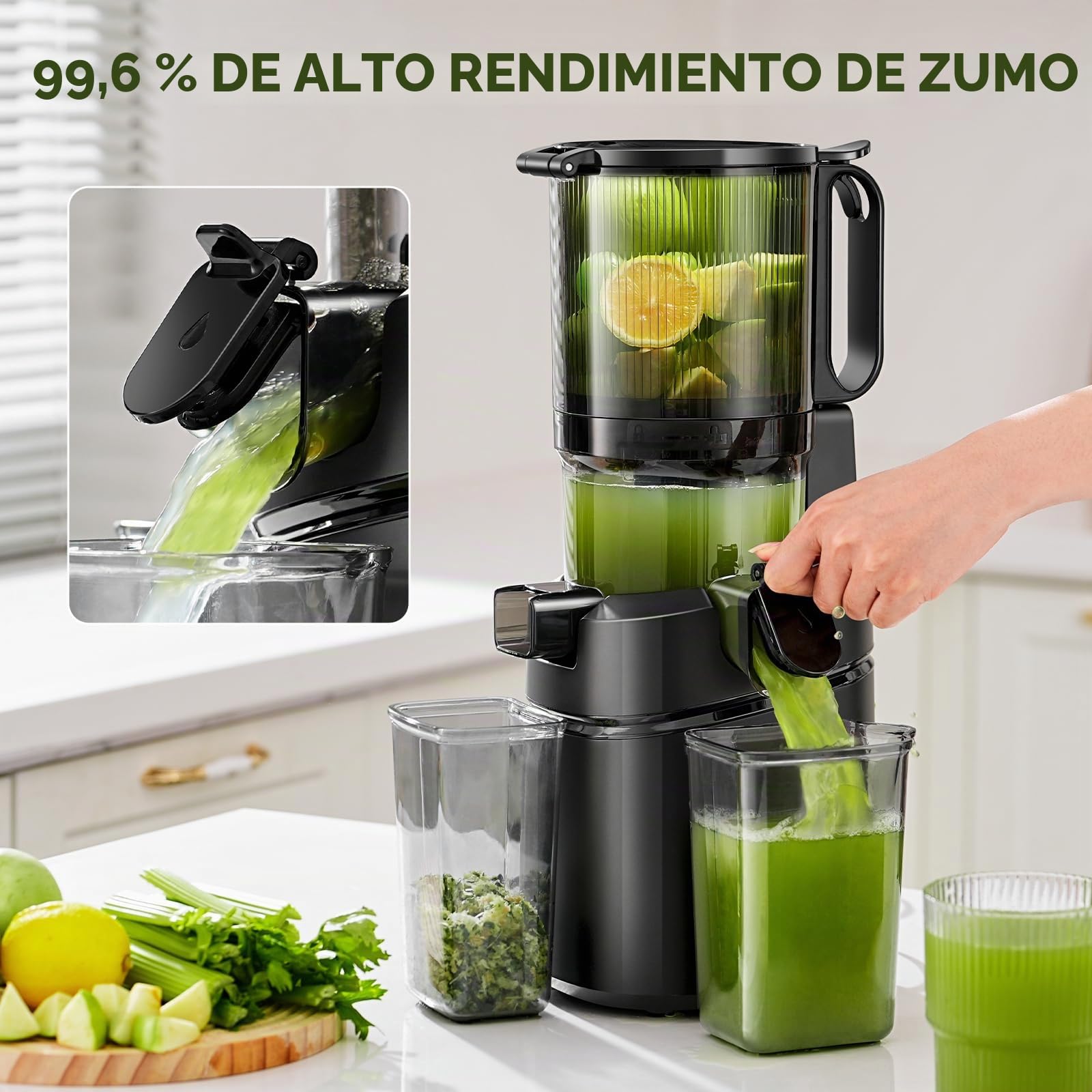 AMZCHEF Extractor de Zumos y Verduras Automático, 145MM Apertura y 1,8L Capacidad Licuadora para Verduras y Frutas Entera, 250W Licuadora Prensado en Frio Lento con Triple Filtro - Negro