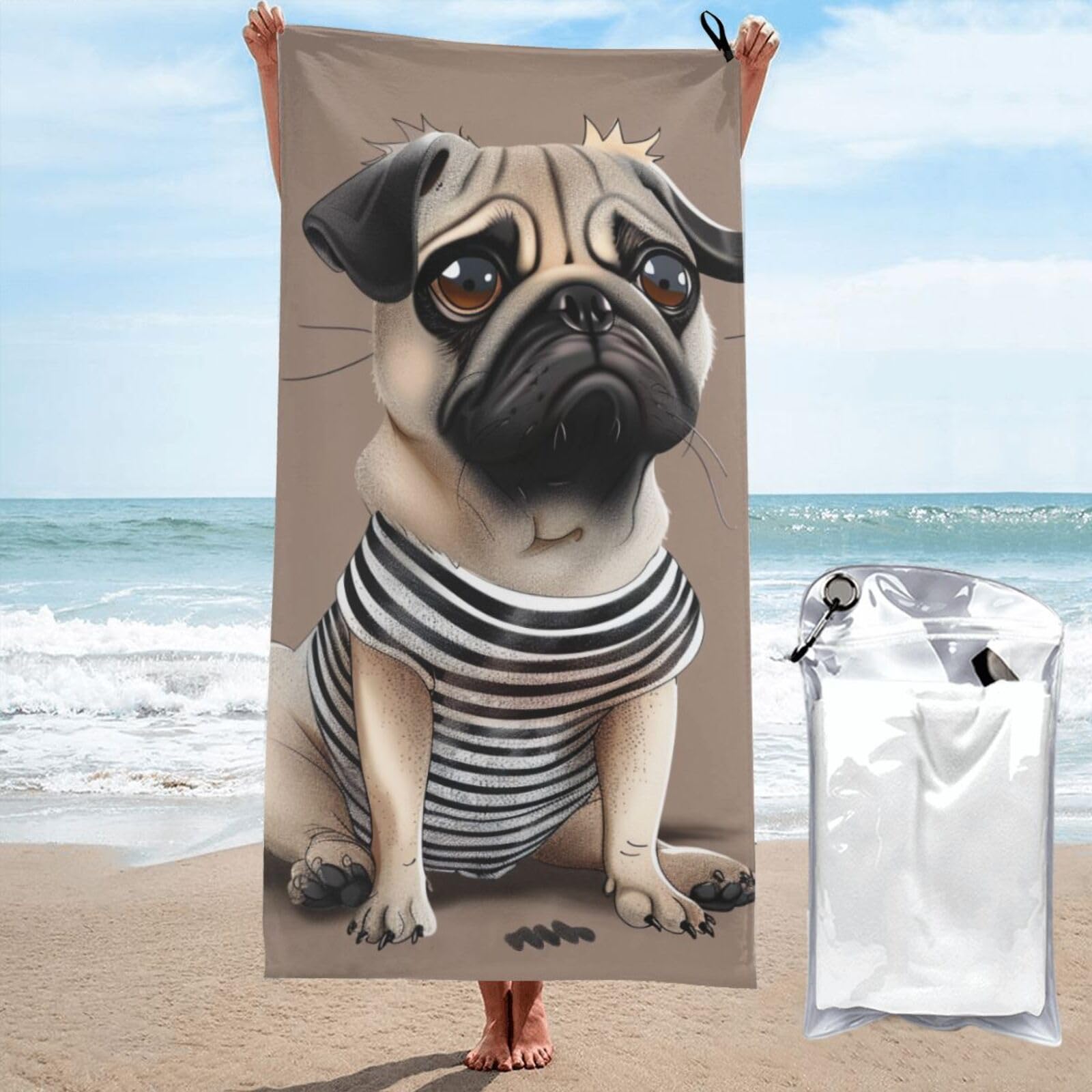 kkvhhyuo Microfiber Beach Towel, Cute Pug Dog 1 Printed Lightweight Quick Dry Travel Bath Sheet with Compact Carry Bag for Swimming Yoga Camping Gym,31.5"x63"