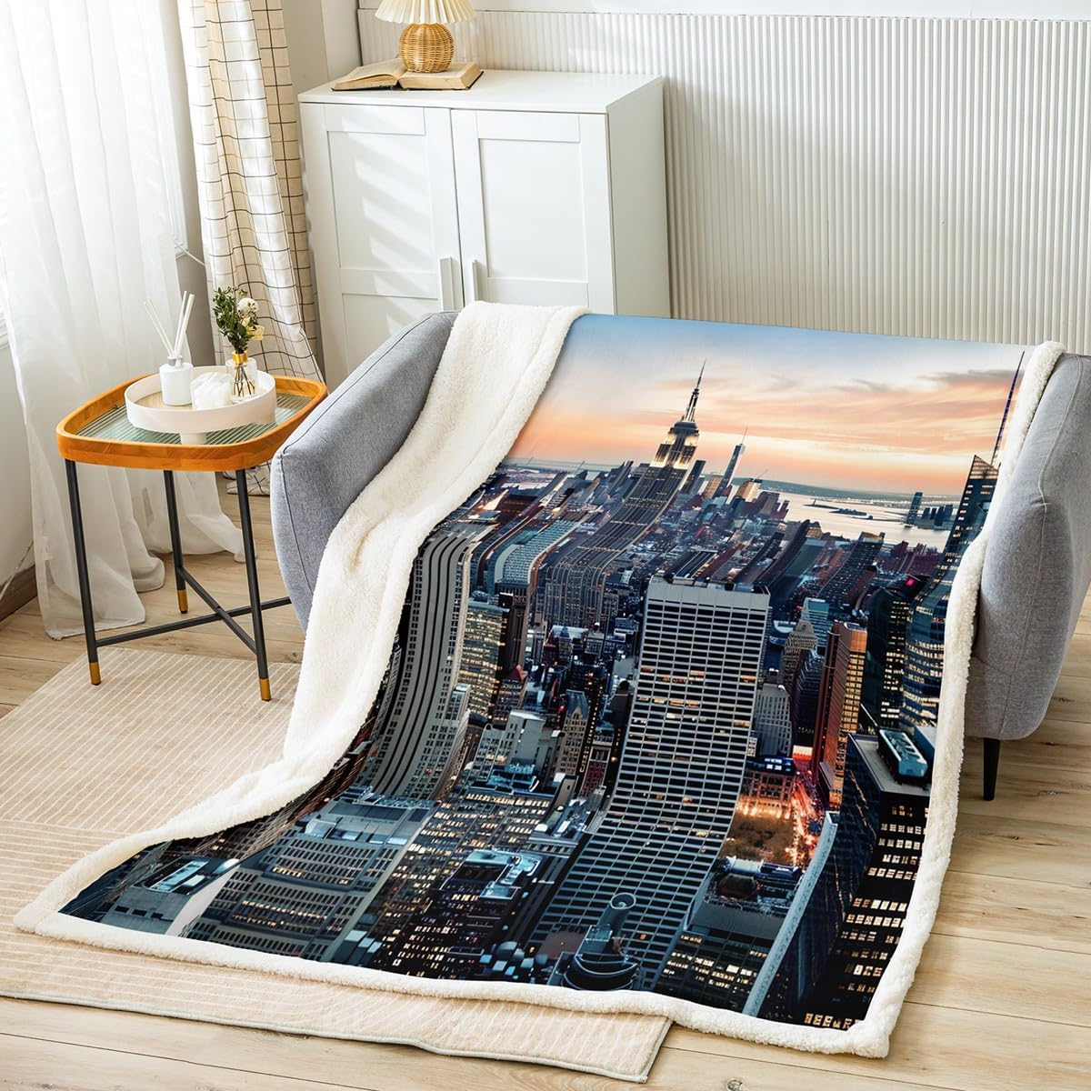 Feelyou New York Sherpa Blanket New York City Manhattan Skyline Cityscape Fleece Throw Blanket Contemporary Artistic Sunset Landscape Fuzzy Blanket for Sofa Bed Couch,Throw 50x60 Inches