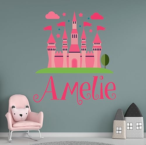 Miniatura 4 de Calcomanía de pared de castillo con nombre personalizado para niñas, mural de pared de castillo de princesa, calcomanía de pared para decoración del