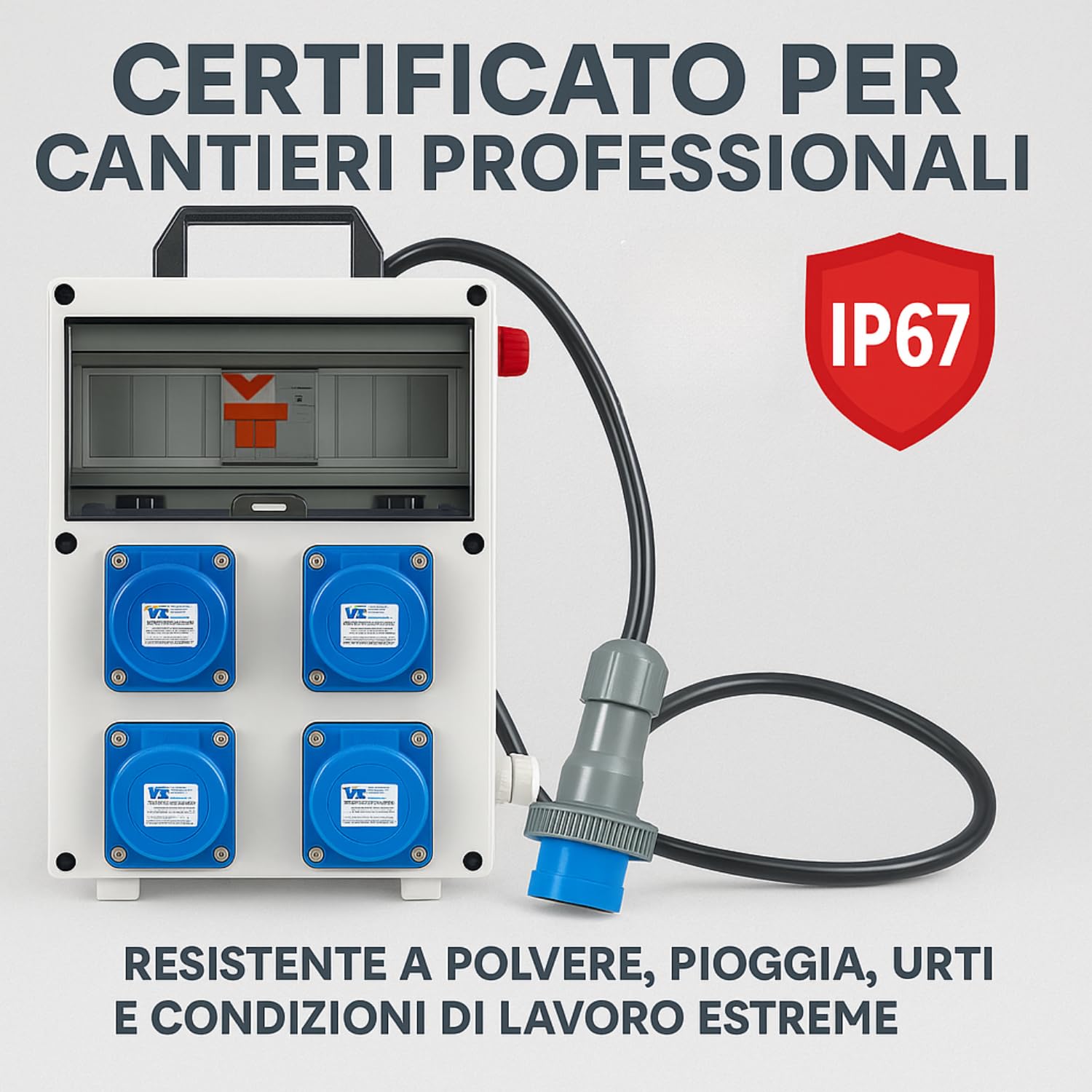 Quadro da Cantiere IP67, Made in Italy - Robusto, Sicuro e certificato, Quadretto da cantiere con prese industriali Affidabile e Protezione IP67 – quadro elettrico portatile con differenziale