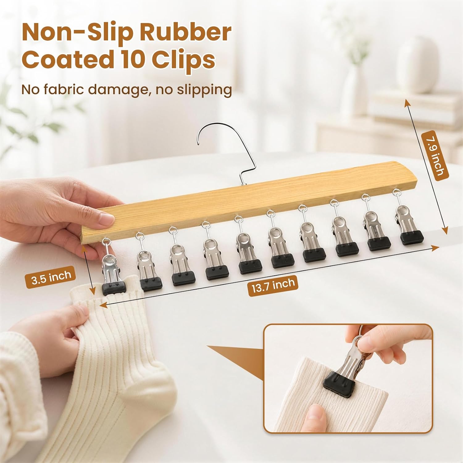 4 Pack Natural Wooden Leggings Hangers with 10 Clips image 3