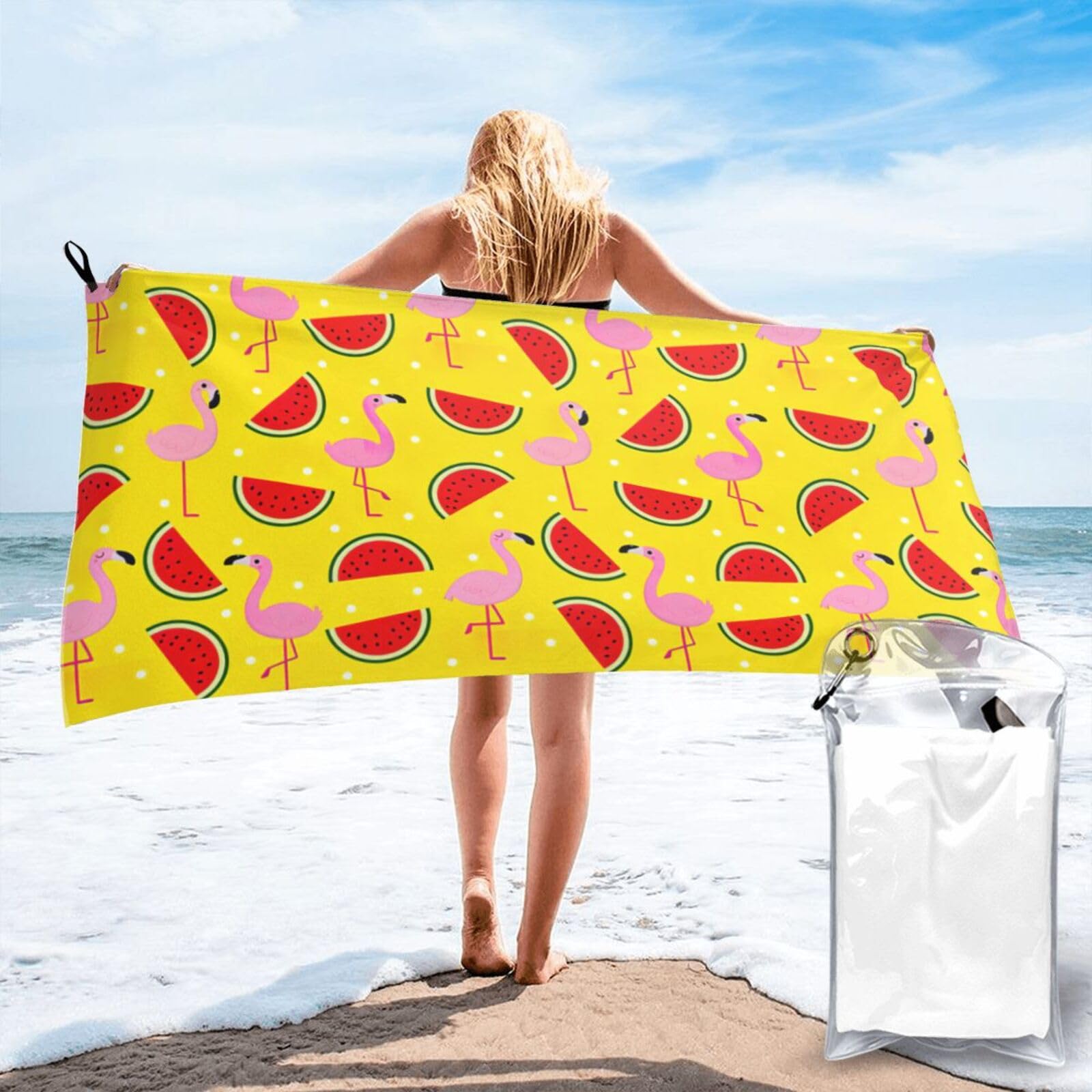 SDEGTHO Pink Flamingo And Watermelon Print Beach Towel Quick Dry Portable For Swimming Yoga Adults Fitness