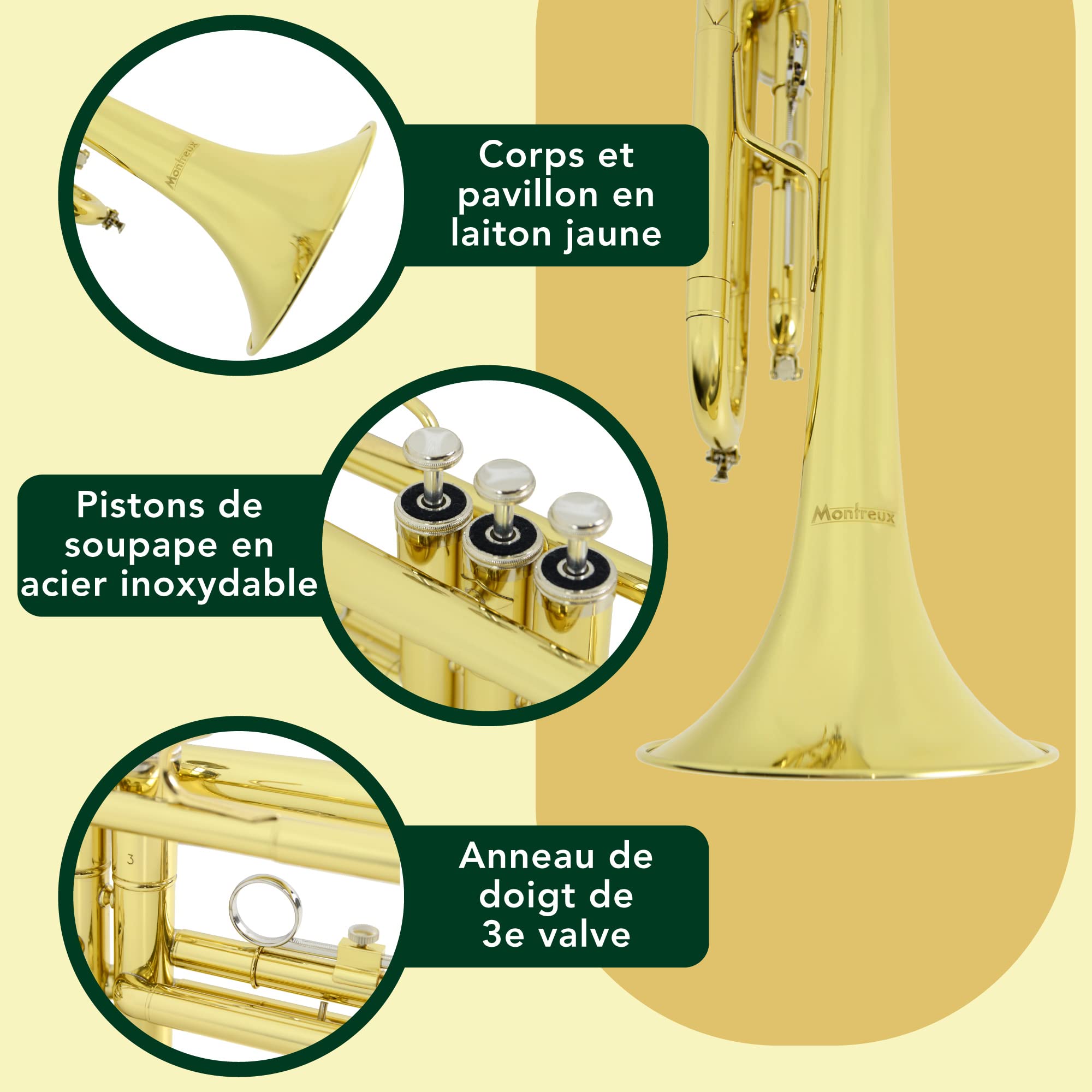Montreux Student Bb Trompette pour débutants avec étui de protection léger, embouchure 7C - Laiton laqué, pavillon 12 cm, si bémol