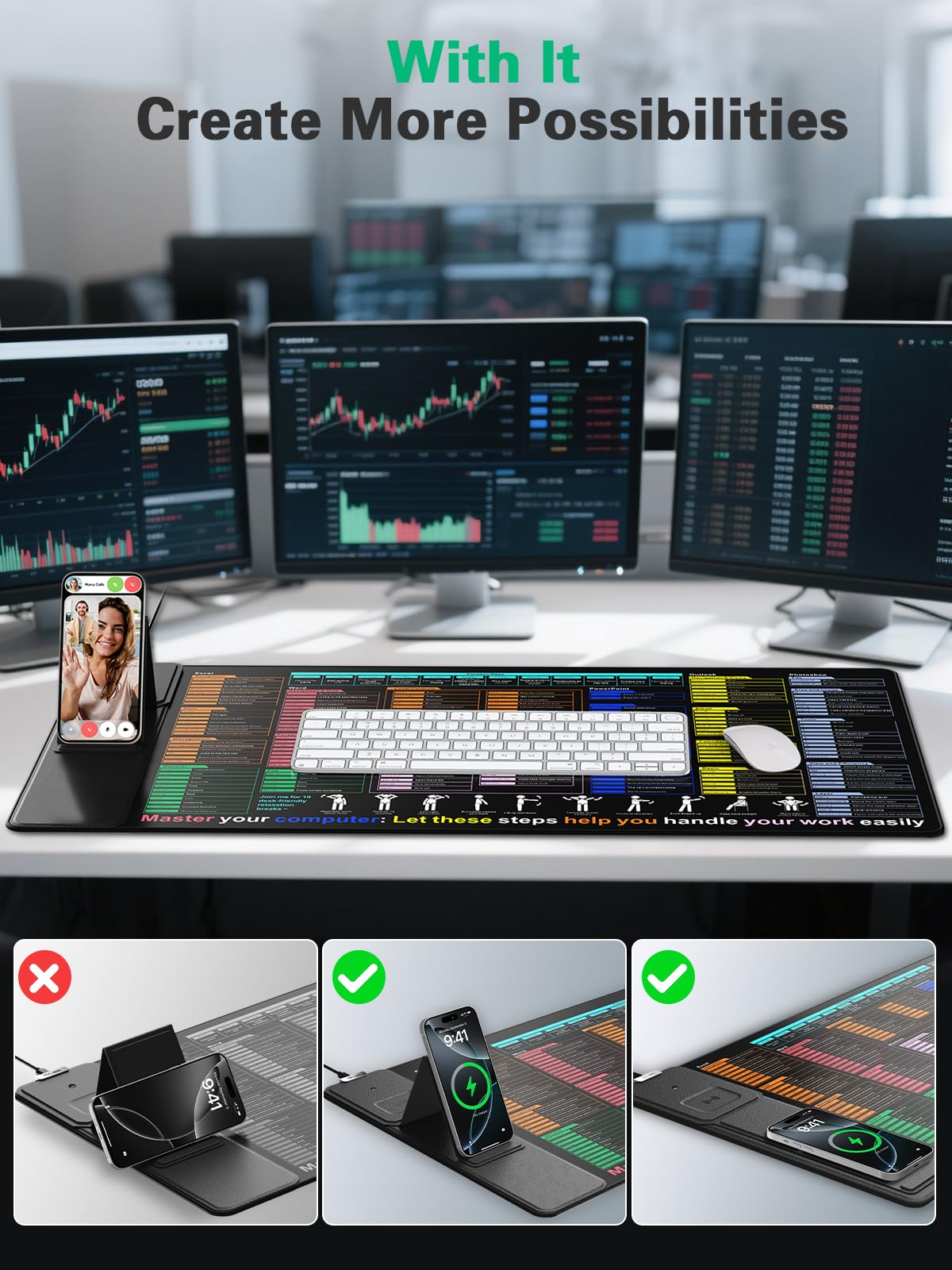 Mauspad mit Excel-Tastenkombinationen, Schreibtischunterlage mit kabellosem Ladegerät und Telefonständer, XXL großes Spickzettel-Mauspad | PC-Büro-Tabellenkalkulationstastaturmatte | rutschfeste