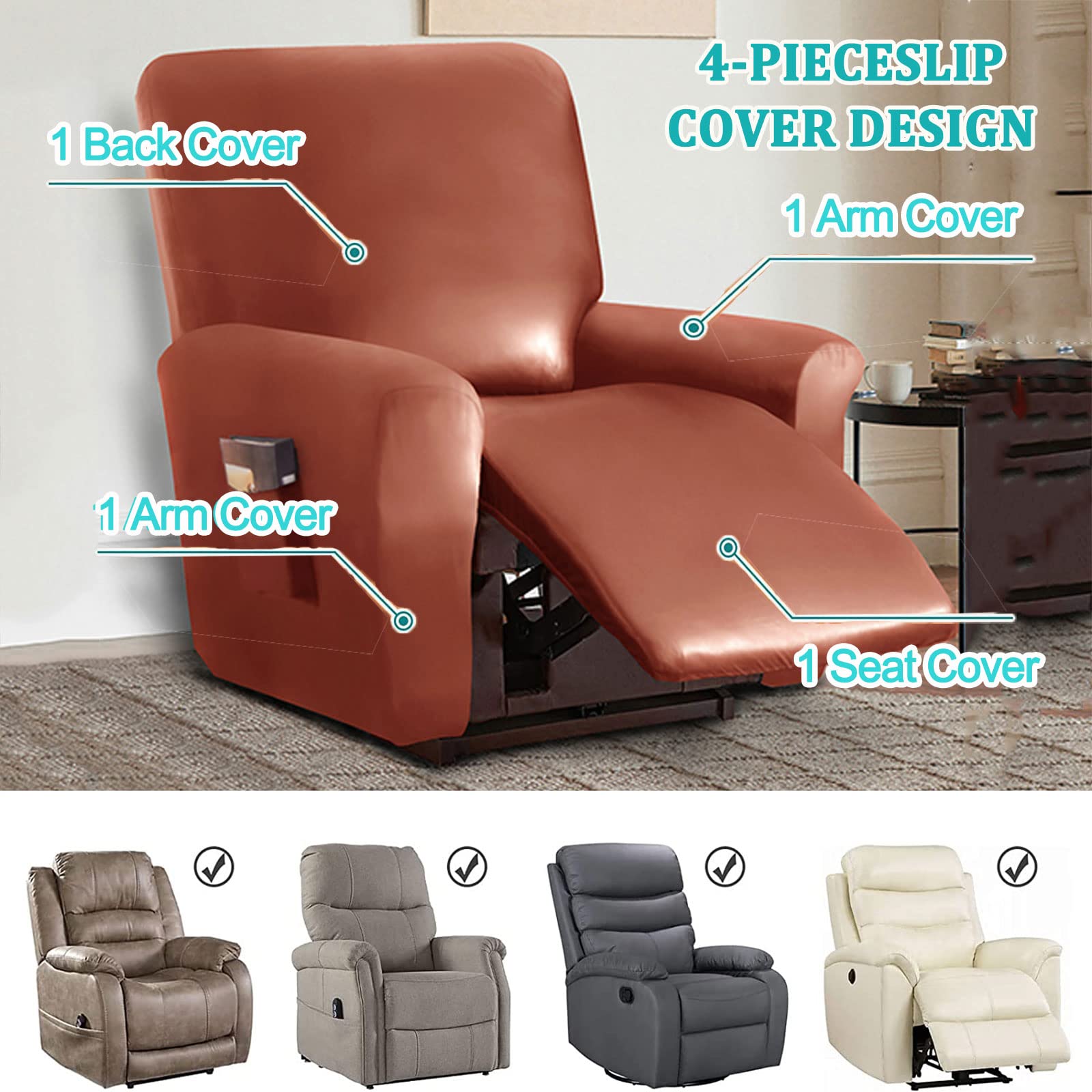 Copripoltrona Relax Reclinabile Impermeabili 4 Pezzi, Fodera per Poltrona Reclinabile Elasticizzate in Pelle PU per 1 Posti, Fodera per Sedia Reclinabile Lavabile Antiscivolo Sal(Color:Caffè Profondo)