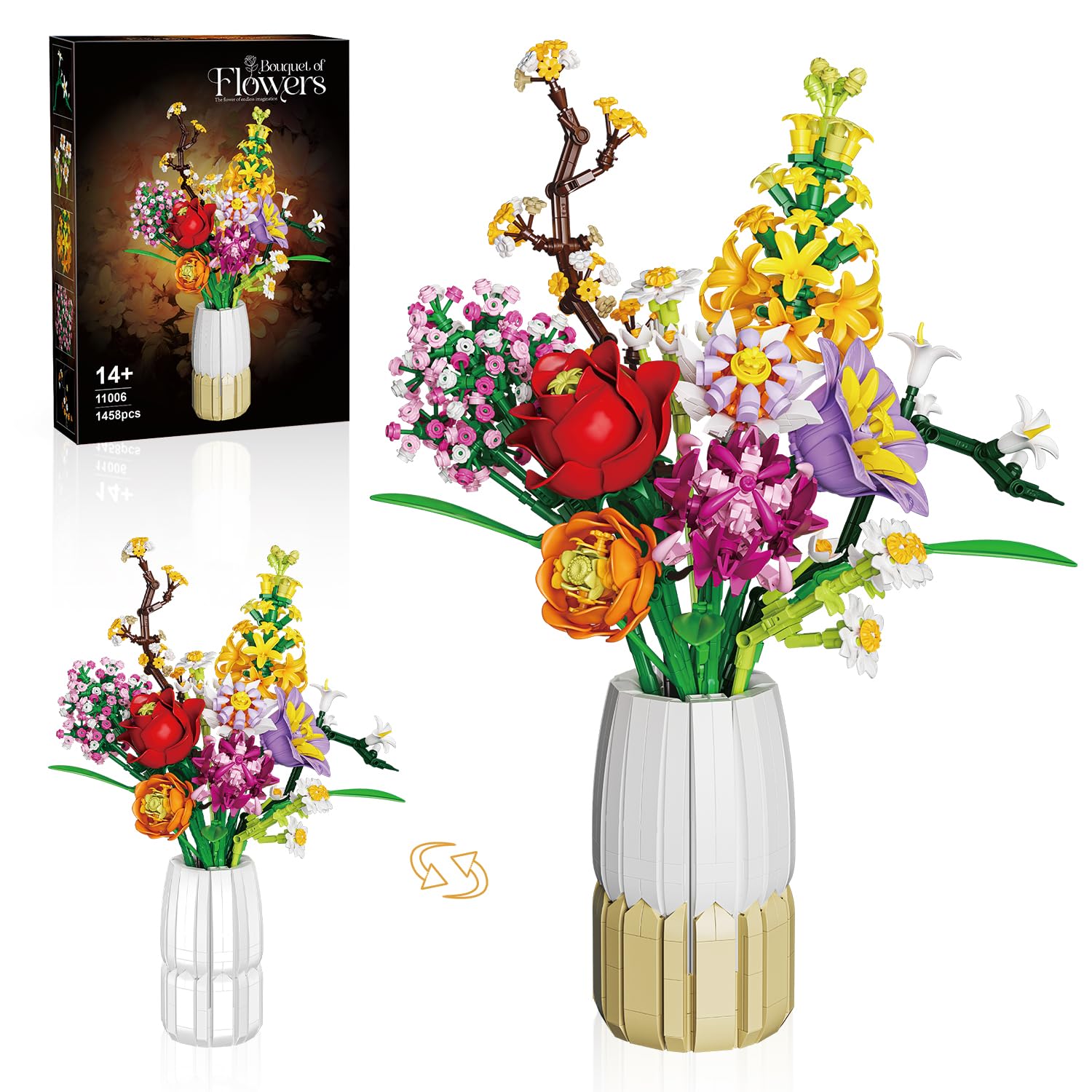 Set di Costruzione di Bouquet di Fiori con Vaso 2 in 1, Set di Bouquet di Fiori Artificiali per Adulti e Donne, Compatibile con Lego la Collezione Botanical di Bouquet di Fiori, 1458 Pezzi