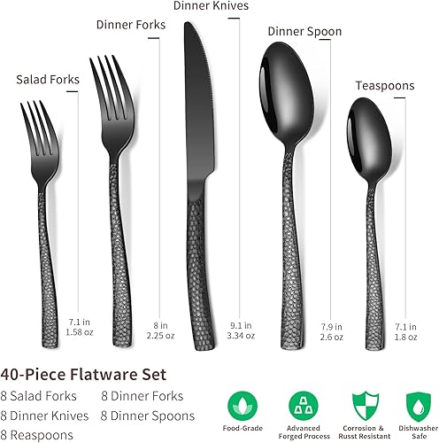 Miniatura 2 de Juego de cubiertos de 40 piezas de acero inoxidable martillado negro para 8, juego de vajilla de grado alimenticio, incluye juego de cuchara y