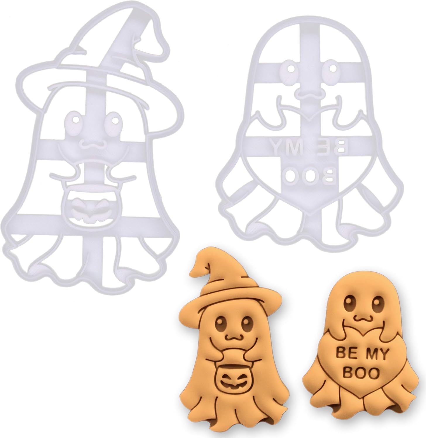 BAKERLOGY Ghost Cookie Cutter Set – "Be My Boo" & "Boo for Treats" Cute Valentine’s Day and Halloween Biscuit Cutters for Baking, Fondant, and Crafts