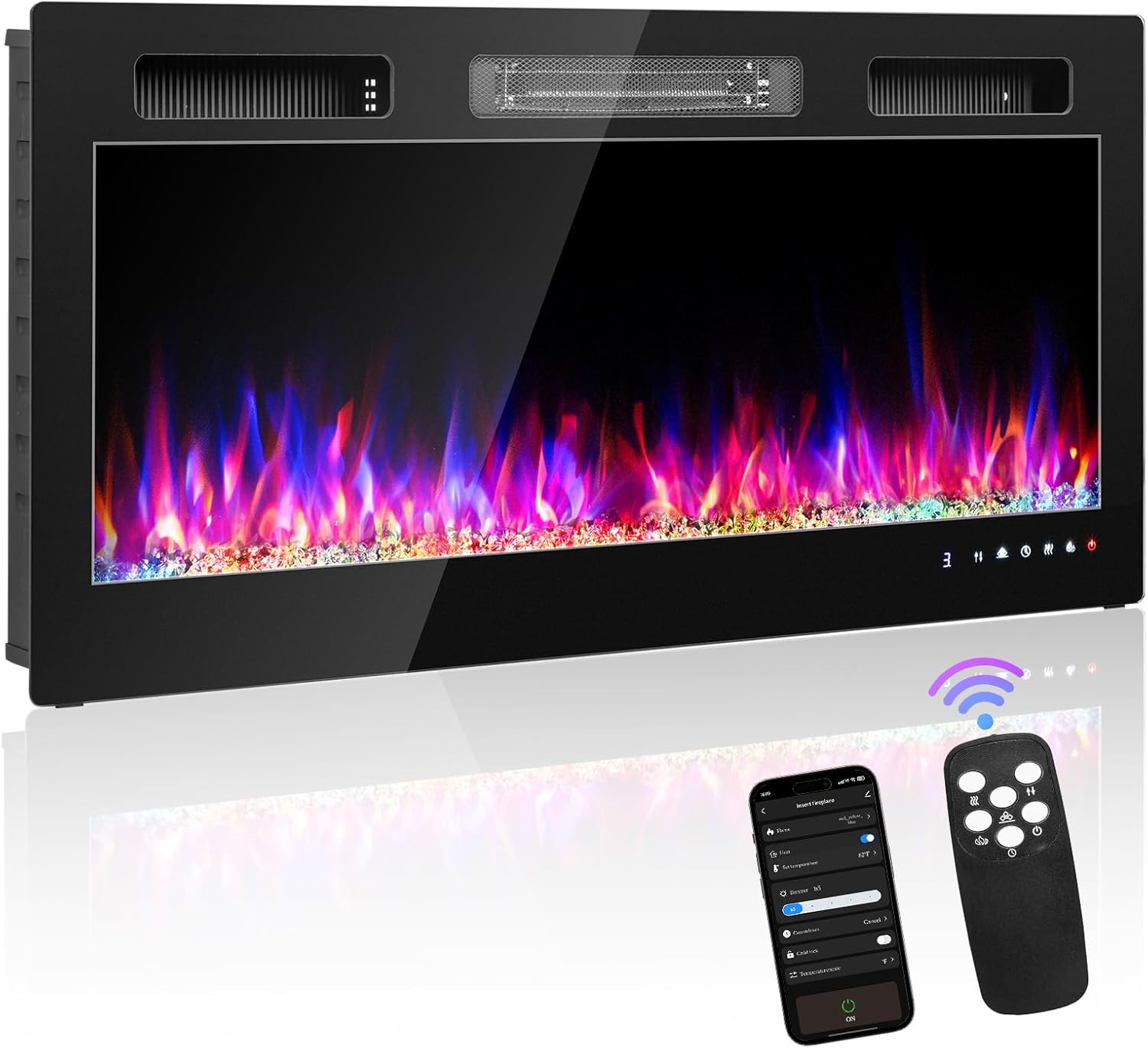 Winado 42" Electric Fireplace, Inserts/Wall Mounted Fireplace Heater with Remote Control, 12 Adjustable Flame Colors, Log & Crystal, 8H Timer for Living Room, Bedroom Inddoor - Thumbnail 2