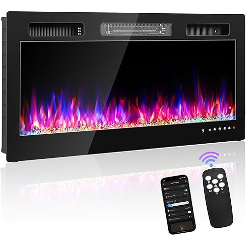 Winado 42" Electric Fireplace, Inserts/Wall Mounted Fireplace Heater with Remote Control, 12 Adjustable Flame Colors, Log & Crystal, 8H Timer for Living Room, Bedroom Inddoor